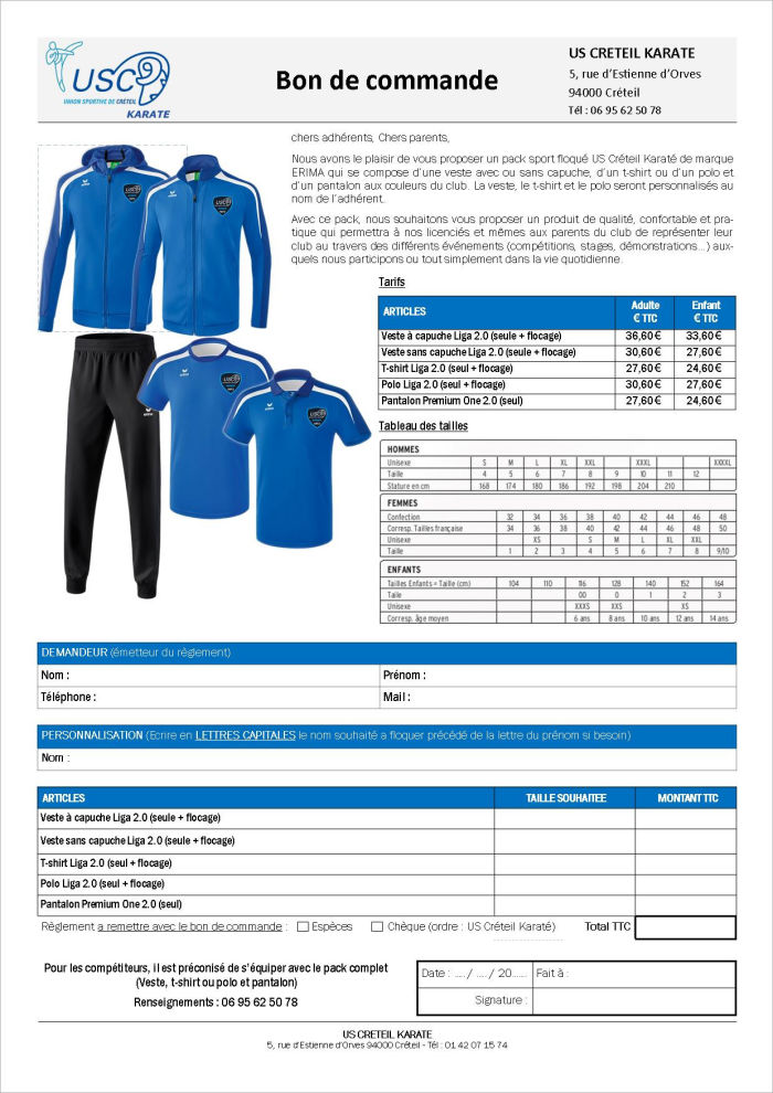 Formulaire de commande pack sport US Créteil Karaté