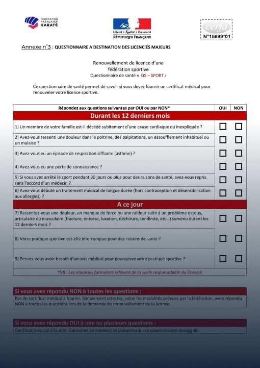 Questionnaire et attestation santé